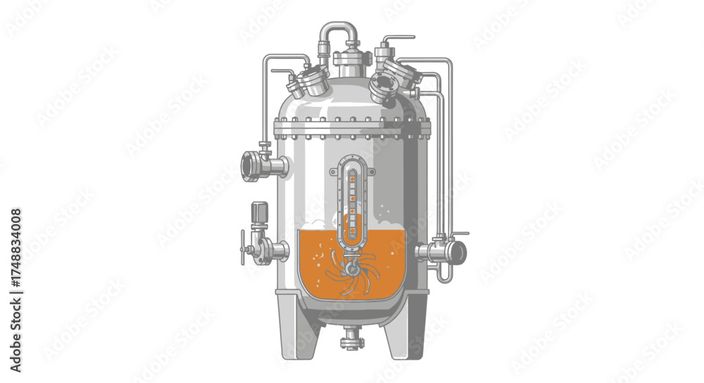 Fototapeta premium Detailed illustration of an industrial bioreactor tank with bubbling liquid, representing a fermentation or bioprocessing concept