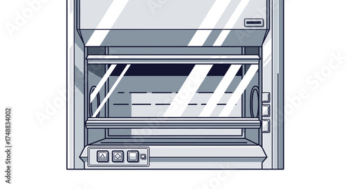 Front view of an empty laboratory fume hood with a glass sash, essential safety equipment for scientific research and chemical experiments