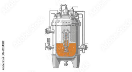 Detailed illustration of an industrial bioreactor tank with bubbling liquid, representing a fermentation or bioprocessing concept