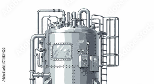 Detailed technical illustration of a large industrial stainless steel tank with intricate piping, valves, and gauges for manufacturing