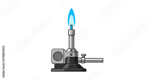 A detailed vector illustration of a classic laboratory Bunsen burner with a hot blue flame, isolated on a white background for science education