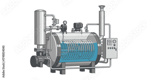 Illustration of a horizontal industrial boiler with water level visible, pipes, gauges, and a control panel.