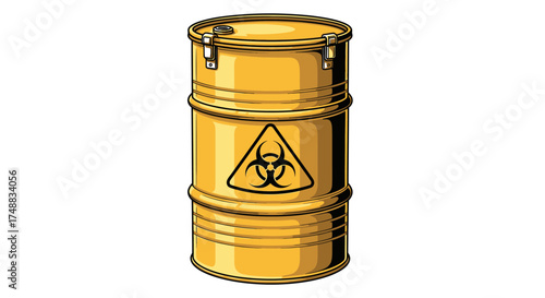 An isolated yellow barrel with a black biohazard symbol, representing the storage and disposal of toxic and infectious waste