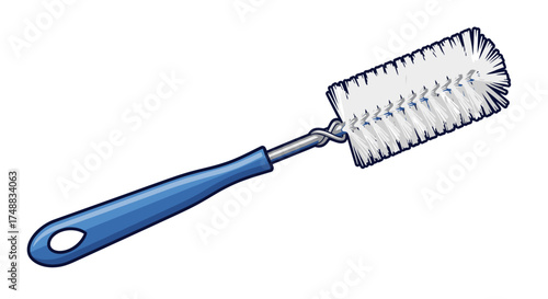 A detailed vector illustration of a blue-handled bottle cleaning brush with white bristles, isolated on a white background for household hygiene concepts