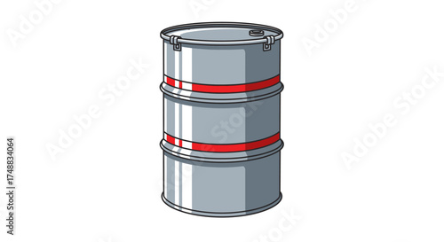Vector illustration of a gray metal oil drum with red stripes. Industrial container for storing hazardous materials, toxic waste, or chemicals, isolated on a white background