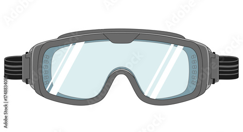 Gray industrial safety goggles with a clear lens and elastic strap, essential personal protective equipment for eye safety. Vector illustration isolated on white