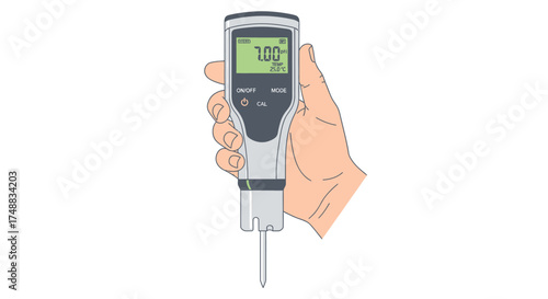 Hand holding a digital pH meter, displaying a reading on its screen, against a white background.