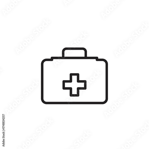 Outline drawing of a first aid kit with a handle and a cross on the front.