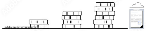 Stacked coins increase in height toward a clipboard with a document. Ideal for wealth management, saving, financial planning, business growth, investment, success tracking, simple flat metaphor