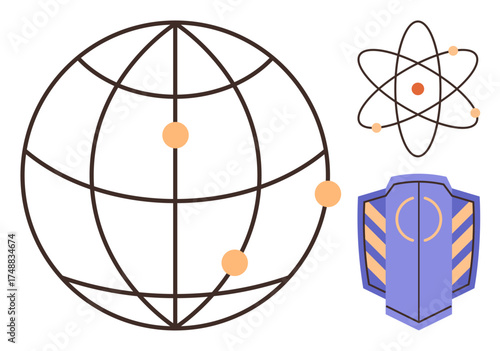 Spherical global network, atomic particles in orbit, shield with lines. Ideal for technology, science, security, innovation, connectivity space exploration research. Simple flat metaphor