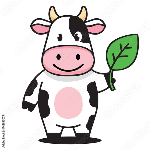 Mascot Logo - Upright Cartoon Cow Holding a Green Leaf – Eco-Friendly Animal Character Representing Organic Farming