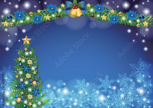 クリスマス背景、ツリーとモール、青、かわいい、イラスト、横