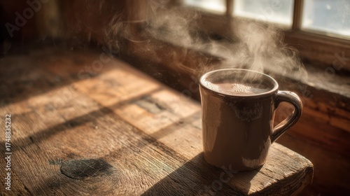 A warm mug of a beverage steams on a wooden table, lit by a window's sunlight