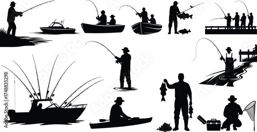 Fishing silhouettes, boat fishing, dock fishing, kayak fishing, shore fishing, recreational activity, outdoor lifestyle, fisherman, catch fish, fishing gear, peaceful nature, fishing hobby, a