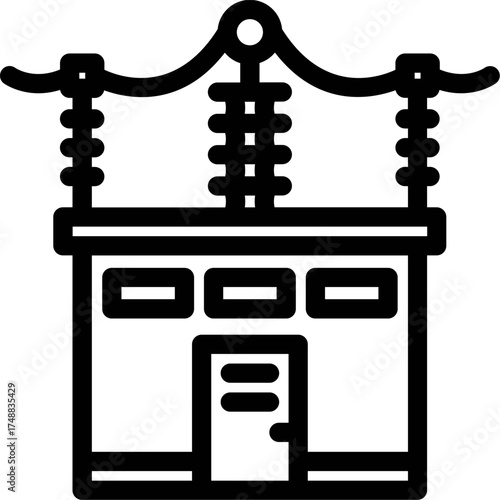 electrical substation outline. A graphic illustration of a power transformer. Isometric illustration of an electrical substation with transformers and power lines. 