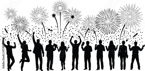 Celebration, fireworks, party crowd, festive silhouettes, joyful people, night event, confetti, dancing group, happy mood, New Year, holiday, excitement, fun, togetherness, black silhouettes