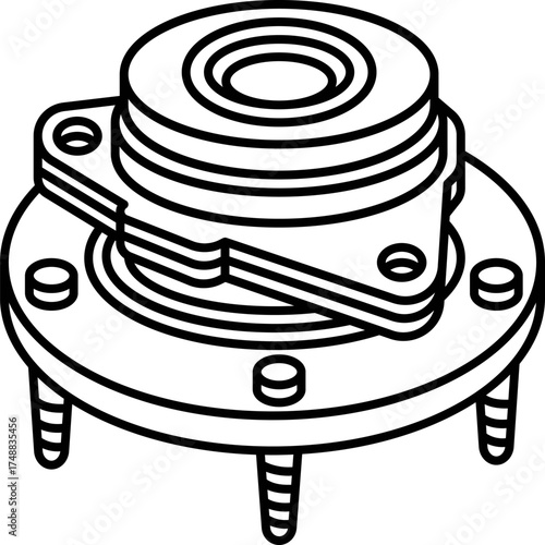 Bearing hub assembly. Automotive wheel hub components including a splined axle and mounting bolts. Automotive Shaft Flange Bearing Part. Illustration of a gray wheel hub assembly. 