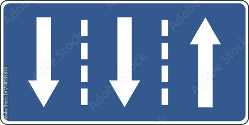 lane change or lane usage traffic sign. A traffic sign displays three white arrows pointing upwards, indicating a straight path. lane change traffic sign. 