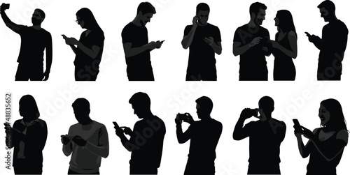 Mobile phone silhouettes, smartphone users, digital lifestyle, people using phones, texting, browsing, talking, selfie culture, modern communication, technology habits