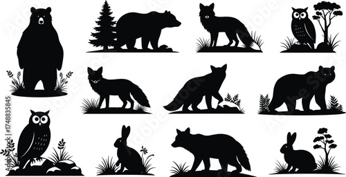 Forest animal silhouettes, bear, fox, owl, rabbit, wildlife icons, nature shapes, black vector, woodland creatures, tree elements, isolated design
