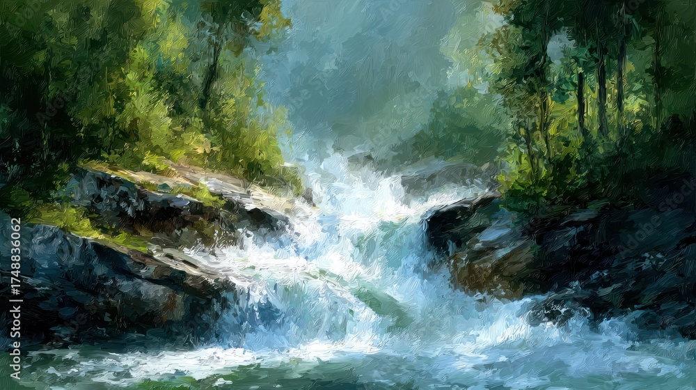 Fototapeta premium A flowing river rushes between shaded banks, trees surround, painted in a textured style