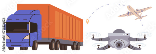 Blue truck, cargo quadcopter, and airplane showcasing multimodal logistics, shipment, and global commerce. Ideal for transportation, delivery service, logistics, supply chain technology innovation