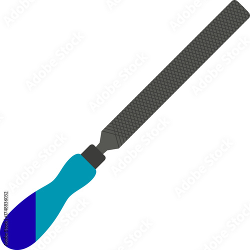Vector of File tool for sharpening material. An illustration of a metal hand file with a smooth wooden handle, a classic tool for shaping and smoothing materials. A file tool showing a textured metal 