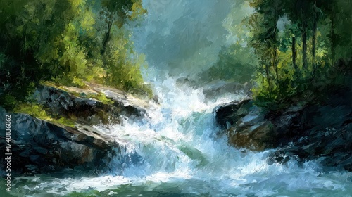 A flowing river rushes between shaded banks, trees surround, painted in a textured style