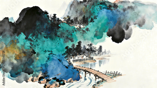 Small Bridge, Flowing Water, and a House