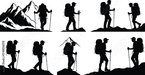 Hiking silhouette, trekking adventure, mountain exploration, outdoor activity, backpack travel, nature journey, wilderness trail, alpine climb, active lifestyle, scenic hike
