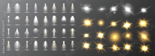 Set of lighting effects effect, beam, sparkle, line, glow, white. Glow abstract isolated curve lens of light effects. Lens flare, explosion, sparkle, line, vortex ray, sparks and stars, spotlight