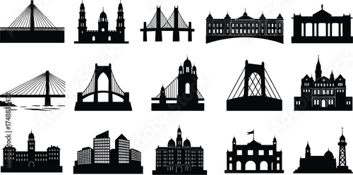 Architectural silhouette collection, iconic buildings, famous bridges, historical landmarks, urban skyline, black vector design, global structures, cultural heritage, tourism, architecture
