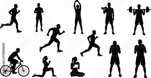 Fitness, exercise, workout, silhouette, running, boxing, yoga, stretching, cycling, gym, training, health, active lifestyle, cardio, strength, meditation, sports, wellness, physical acti