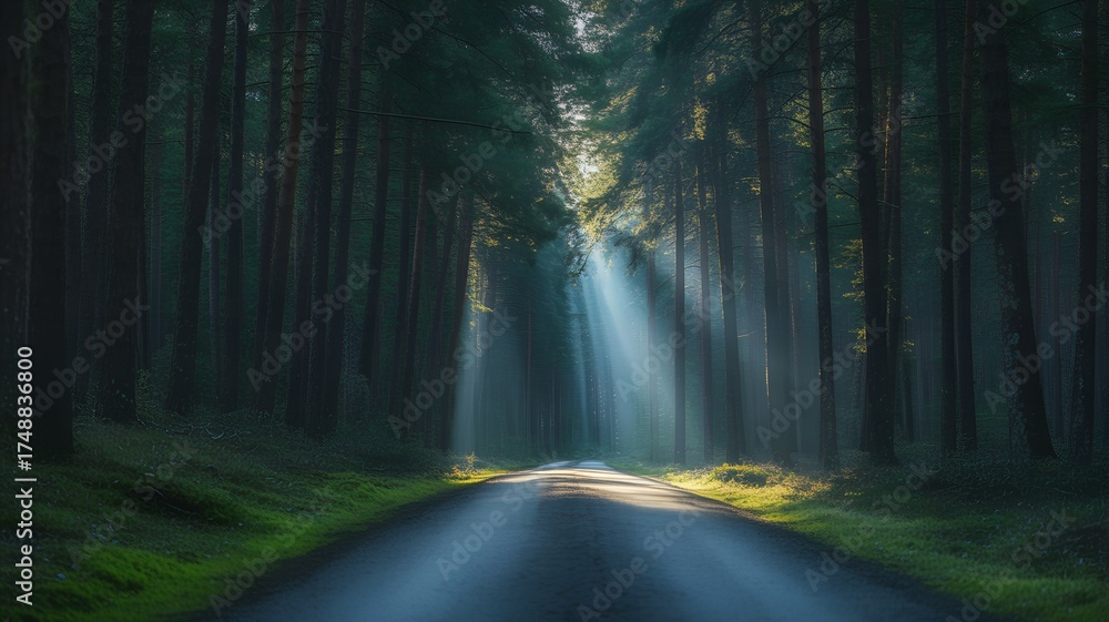 Obraz premium Mystical Forest Path with Ray of Light – Moody Nature Photography, Ideal for Meditation, Fantasy or Adventure Themes.