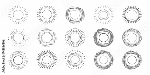Collection of hand drawn sunburst frames and circular decorative elements in grey scale