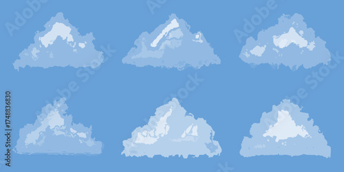 Abstract stylized clouds in various shades of blue against a clear blue sky background