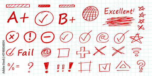 Collection of hand drawn red marks and symbols on a grid paper background for grading and feedback