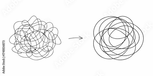 Visual representation of a complex problem transforming into a simplified solution with a clear arrow indicating progress