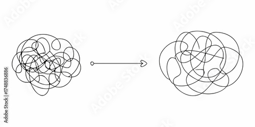 Visual representation of a complex problem transforming into a more complex problem with an arrow indicating progression