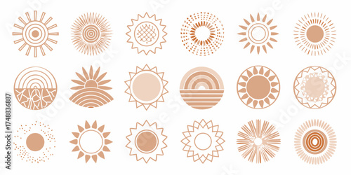 Collection of abstract sun and rainbow icons in warm earthy tones and minimalist style