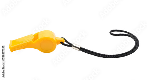 Isolated Yellow Whistle with Black Lanyard on a Transparent Background Studio Shot