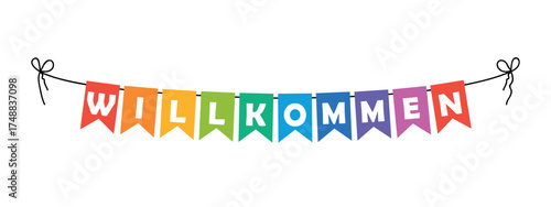 Willkommen banner in German, welcome bunting garland, colorful pennants with white letters, vector illustration
