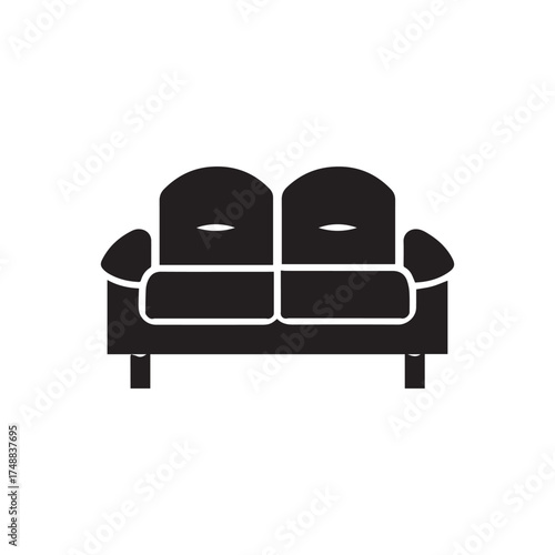Black silhouette depicts a simple, modern, two seat sofa with distinct cushioned details on white background