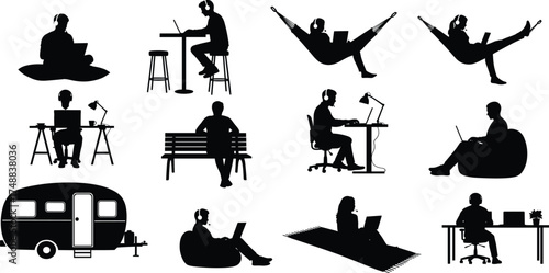 Remote work silhouettes, digital nomad lifestyle, laptop users, home office setup, freelance workspace, modern working posture, flexible work environment, productivity