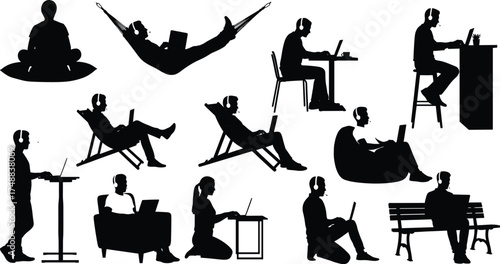 Remote work silhouettes, digital nomads, laptop users, flexible workspace, modern lifestyle, online learning, casual posture, tech culture, productivity, headphones