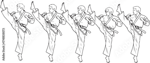 Black Line Art Vector Illustration of Male Martial Artists Kicking