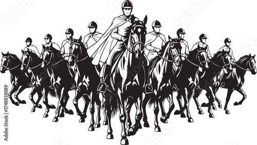 Stylized Monochromatic Vector Illustration of Horseback Riders in Formation