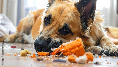 A dog, with a focused expression, lies on a floor littered with chewed-up toys, engrossed in the task of dismantling an orange chew toy.