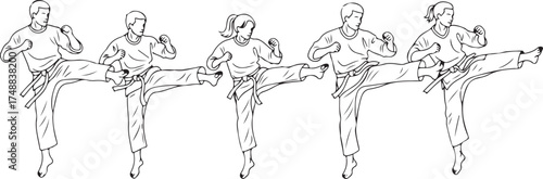Monochrome Vector Line Art of Martial Artists Performing Dynamic High Kicks