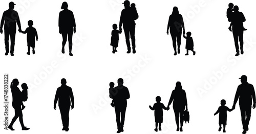 Silhouette, family, walking, children, adults, parenting, togetherness, urban, lifestyle, black, white, minimal, vector, people, holding hands, child safety, pedestrian, motion, design, clipart